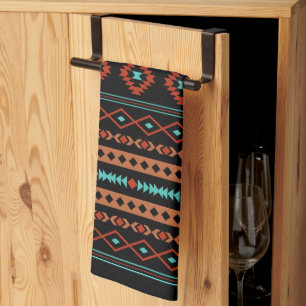 Aztec Rusts Teal Black Mixed Motifs Pattern Tea Towel