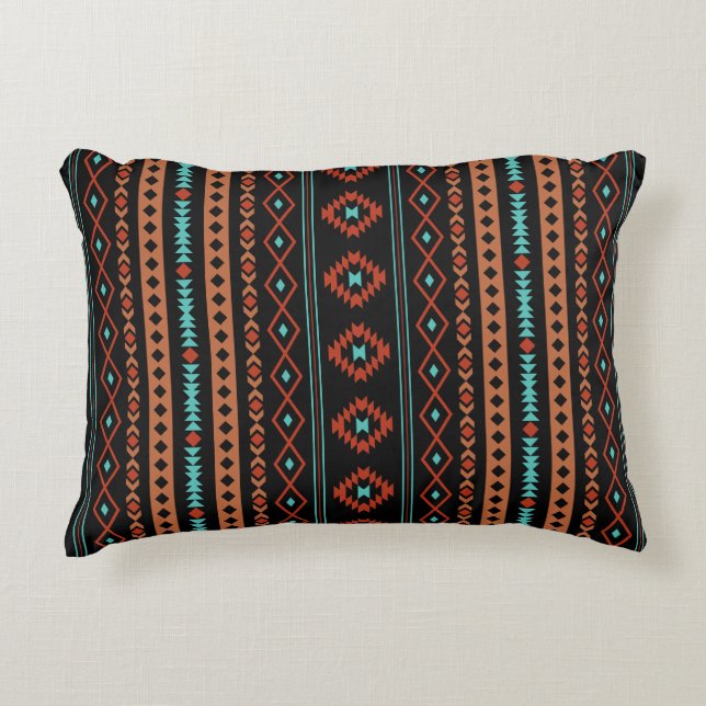 Aztec Rusts Teal Black Mixed Motifs V Pattern Decorative Cushion (Front)