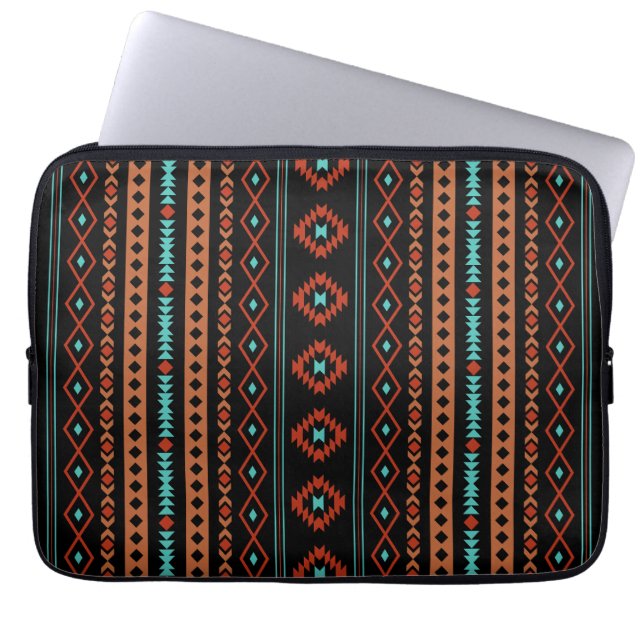 Aztec Rusts Teal Black Mixed Motifs V Pattern Laptop Sleeve (Front)