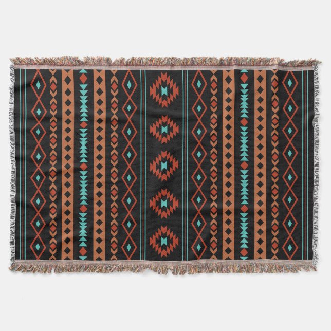 Aztec Rusts Teal Black Mixed Motifs V Pattern Throw Blanket (Front)