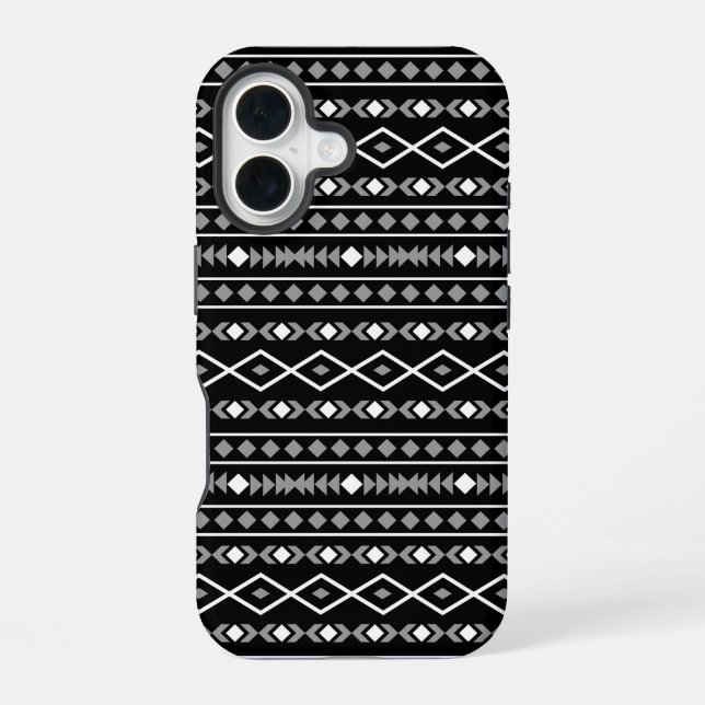 Aztec Shapes Pattern Grey White Black iPhone 16 Case (Back)