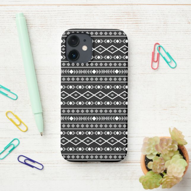 Aztec Shapes Pattern Grey White Black iPhone Case (On Desk)