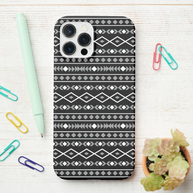 Aztec Shapes Pattern Grey White Black iPhone Case (On Desk)