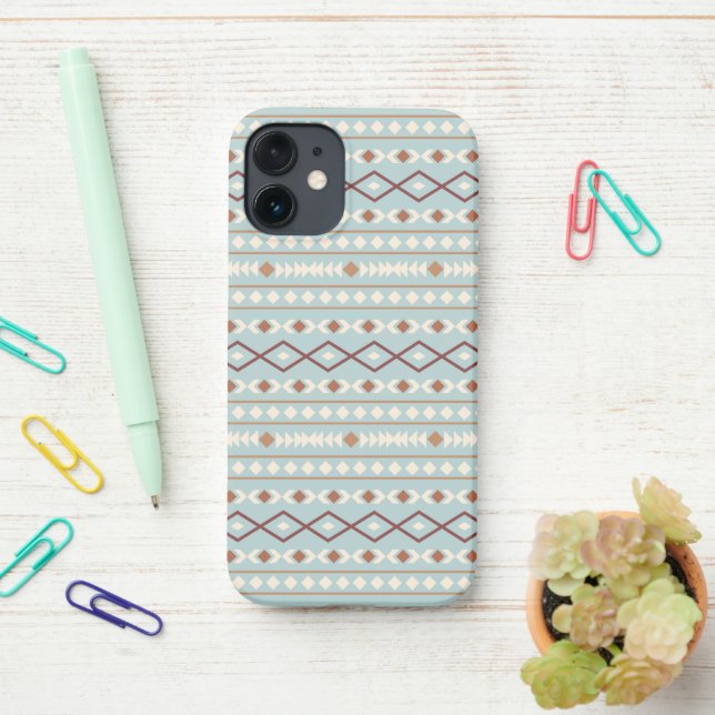 Aztec Shapes Pattern Rusts Cream Teal-Blue iPhone Case (On Desk)