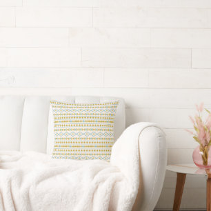 Aztec Shapes Pattern Teal Gold Cream Cushion