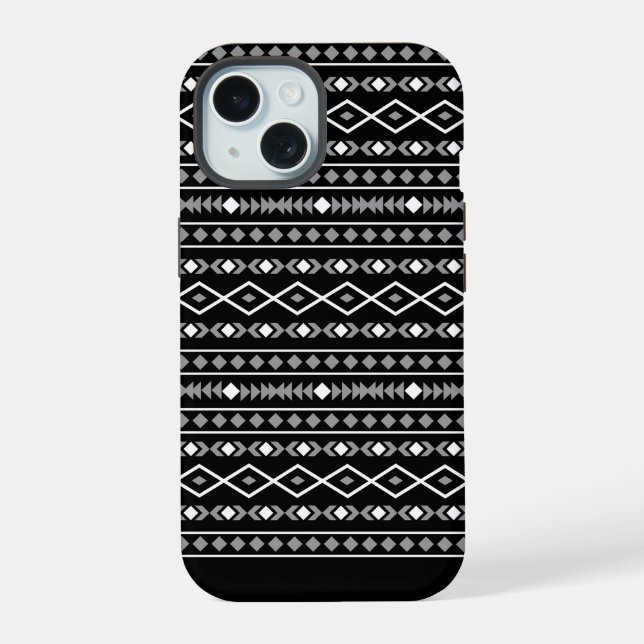 Aztec Shapes Pattern White Grey Black iPhone 15 Case (Back)