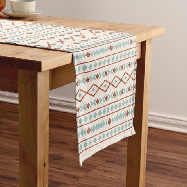 Aztec Shapes Rpt Pattern Rust Teal Cream Short Table Runner (In Situ)