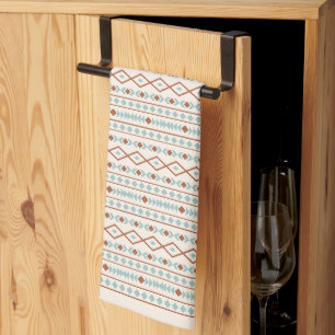Aztec Shapes Rpt Pattern Rust Teal Cream Tea Towel