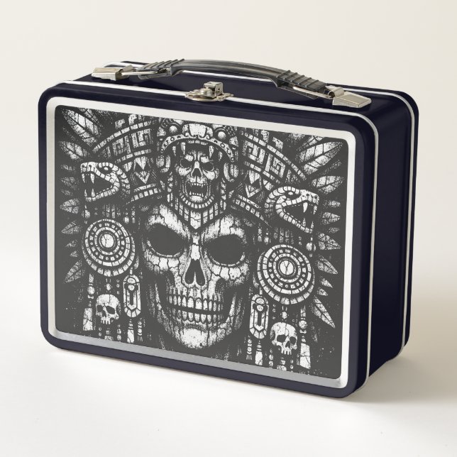Aztec Skull Headdress by BurnsInHell Metal Lunch Box (Front)
