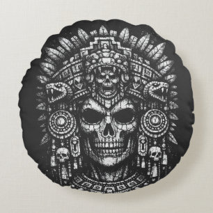Aztec Skull Headdress by BurnsInHell Round Cushion