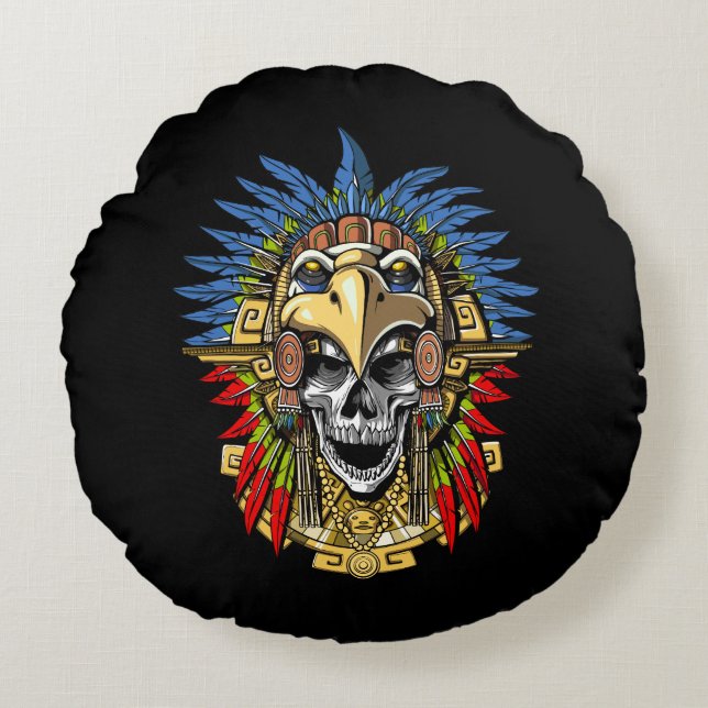 Aztec Skull Warrior Round Cushion (Front)