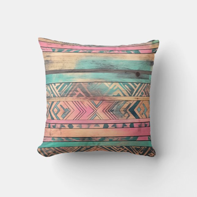 Aztec Southwestern Blue And Pink Tribal Cushion (Front)