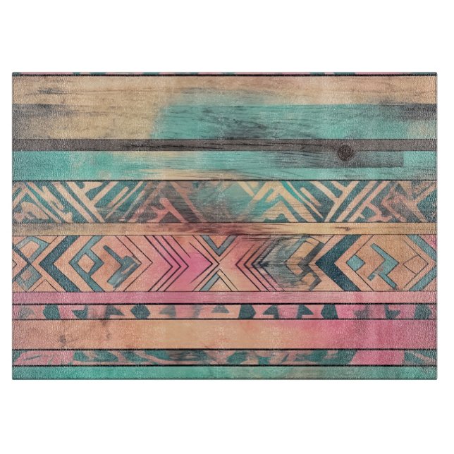 Aztec Southwestern Blue And Pink Tribal Cutting Board (Front)