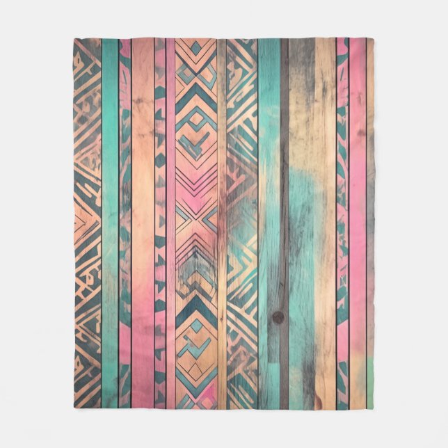 Aztec Southwestern Blue And Pink Tribal Fleece Blanket (Front)