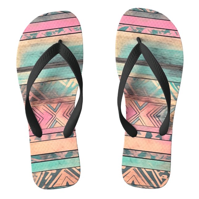 Aztec Southwestern Blue And Pink Tribal Flip Flops (Footbed)