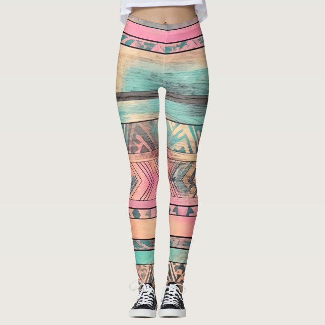Aztec Southwestern Blue And Pink Tribal Leggings (Front)