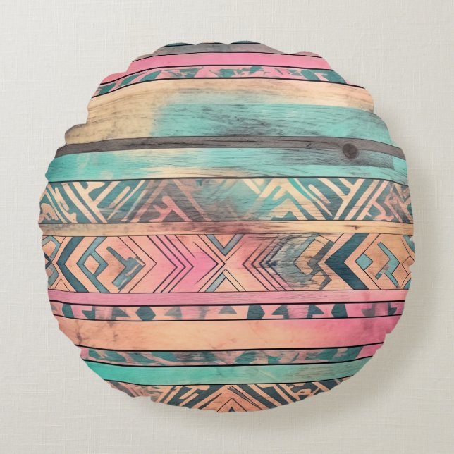 Aztec Southwestern Blue And Pink Tribal Round Cushion (Front)