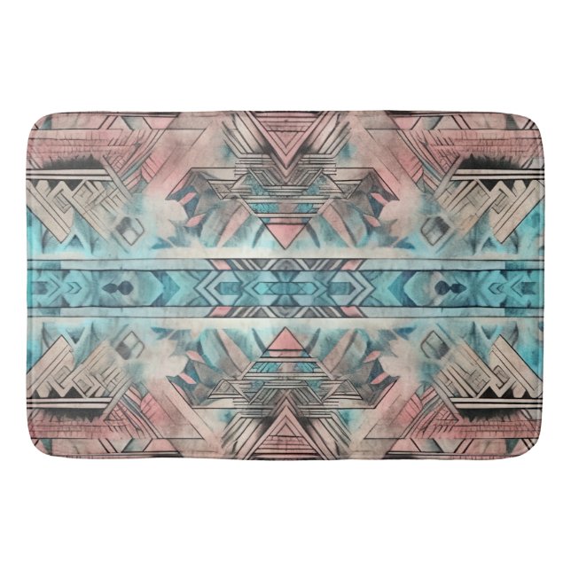 Aztec Southwestern Pastel Pink And Blue Bath Mat (Front)