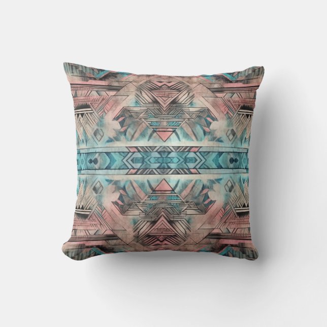 Aztec Southwestern Pastel Pink And Blue Cushion (Front)