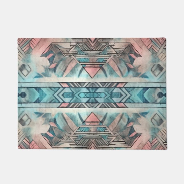 Aztec Southwestern Pastel Pink And Blue Doormat (Front)