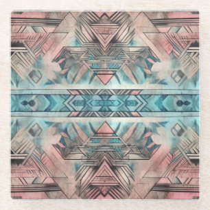 Aztec Southwestern Pastel Pink And Blue Glass Coaster