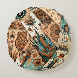 Aztec Southwestern Tribal Feathers Round Cushion