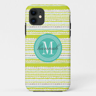 Aztec Stripes Lime & Mint Personalised iPhone 11 Case