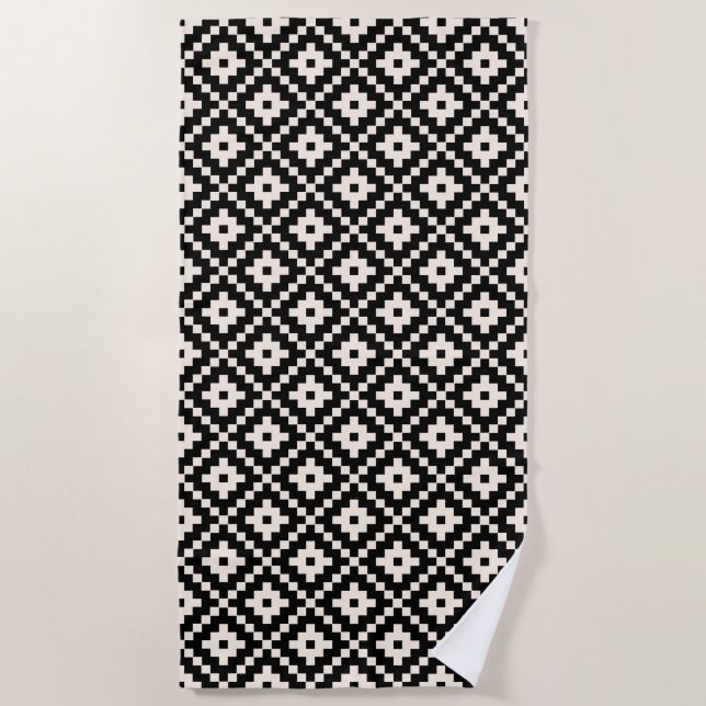 Aztec Style Block Print Black+Cream Pattern Beach Towel (Front)