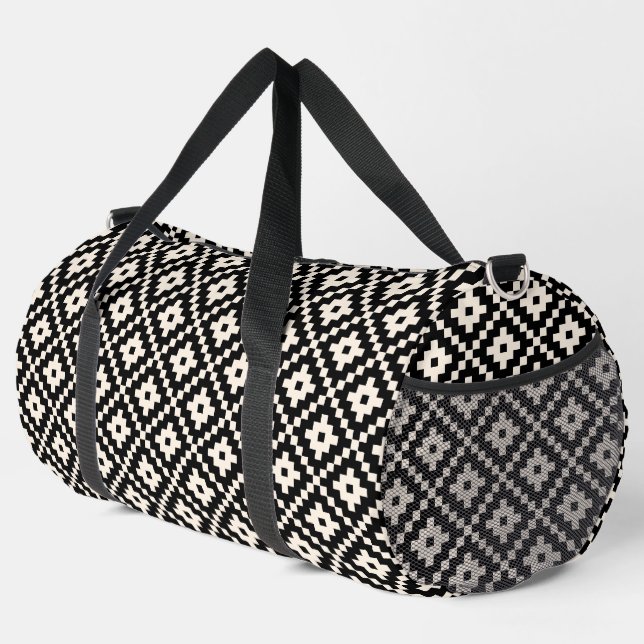 Aztec Style Block Print Black+Cream Pattern Duffle Bag (Right Corner)
