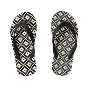 Aztec Style Block Print Black+Cream Pattern Kid's Flip Flops