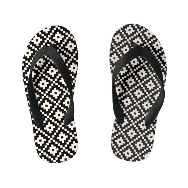 Aztec Style Block Print Black+Cream Pattern Kid's Flip Flops (Footbed)