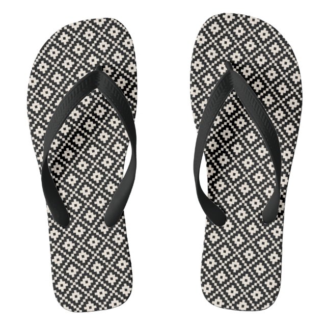Aztec Style Block Print Black+Cream Rpt Pattern Flip Flops (Footbed)