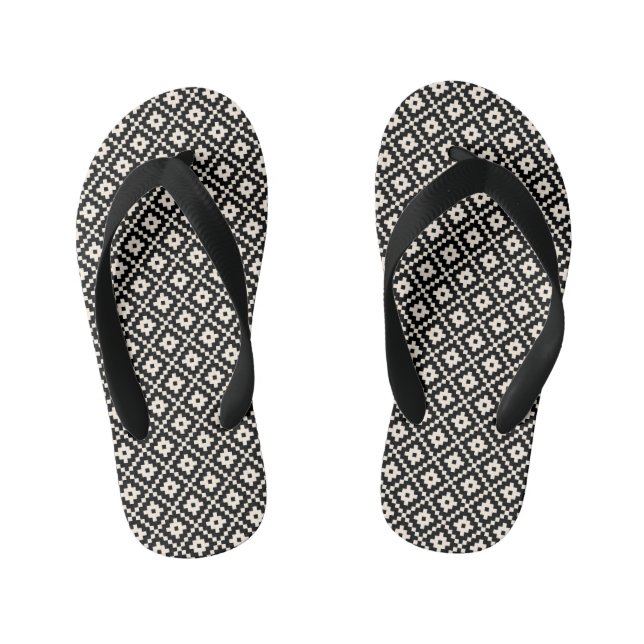 Aztec Style Block Print Black+Cream Rpt Pattern Kid's Flip Flops (Footbed)