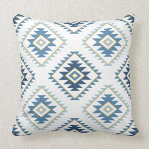 Aztec Style Motif Big Pattern Blues White Gold Cushion