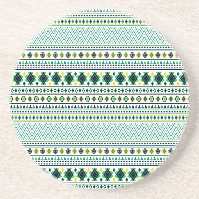 Aztec Style Tribal Pattern White Blue Green Coaster (Front)