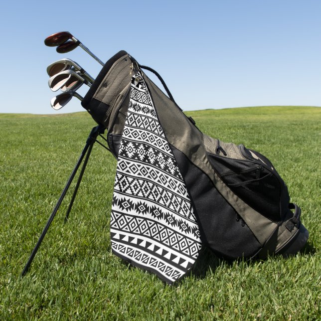 Aztec Stylised Pattern Black+White Golf Towel (Green)