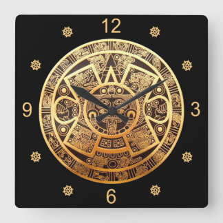 Aztec Sun Calendar ~ Gold & Black ~ Square Wall Clock