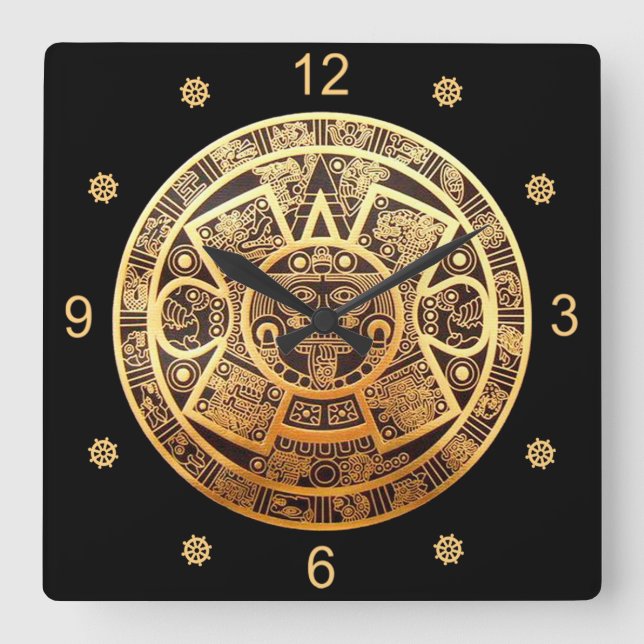 Aztec Sun Calendar ~ Gold & Black ~ Square Wall Clock (Front)