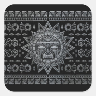 Aztec Sun God - Stone on Black Square Sticker