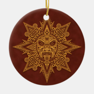 Aztec Sun Mask – Golden Red Ceramic Tree Decoration