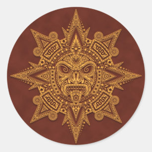 Aztec Sun Mask – Golden Red Classic Round Sticker