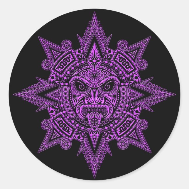Aztec Sun Mask Purple on Black Classic Round Sticker (Front)