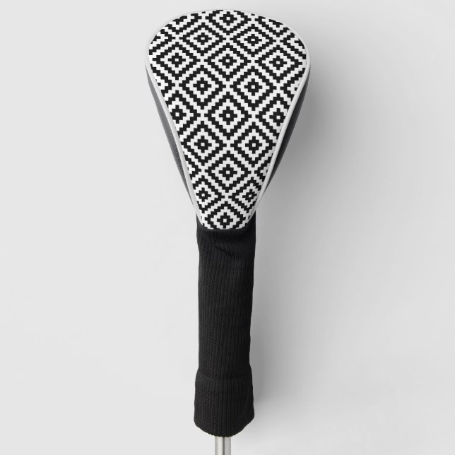 Aztec Symbol Block Pattern Black+White Golf Head Cover (Front)