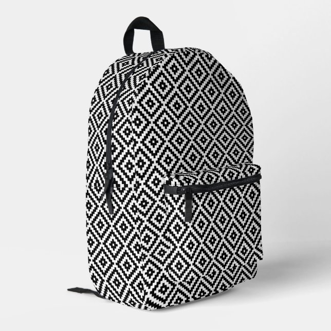 Aztec Symbol Block Pattern BW Printed Backpack (Back Corner Left)