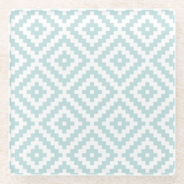 Aztec Symbol Block Ptn Duck Egg Blue & White I Glass Coaster (Front)