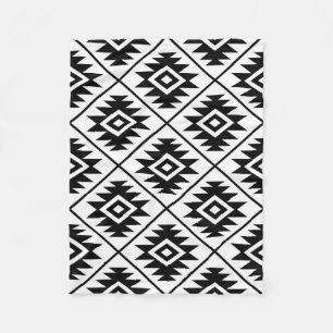 Aztec Symbol Stylised Big Ptn Black on White Fleece Blanket