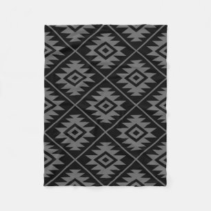 Aztec Symbol Stylised Big Ptn Grey on Black Fleece Blanket