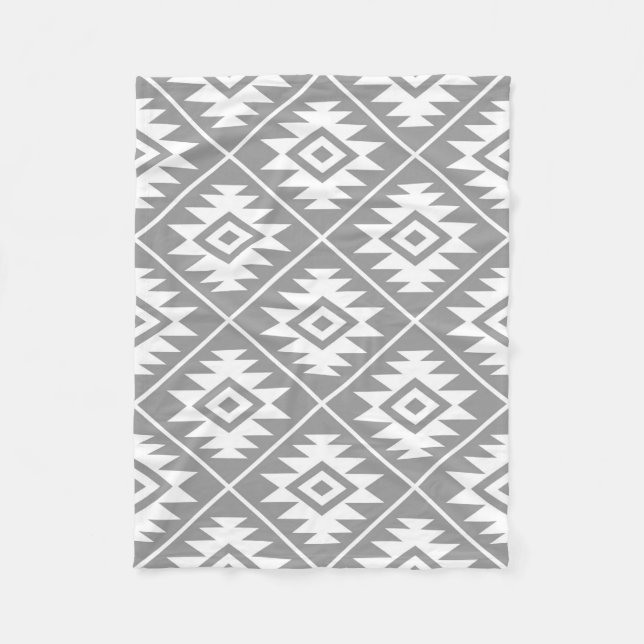 Aztec Symbol Stylised Big Ptn White on Grey Fleece Blanket (Front)