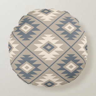 Aztec Symbol Stylized Lg Ptn Blue Cream Sand Round Cushion