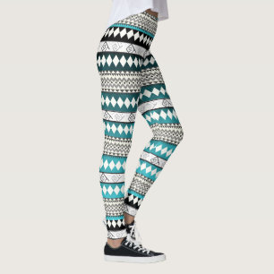Aztec Teal Blue Geometric Abstract Pattern Leggings